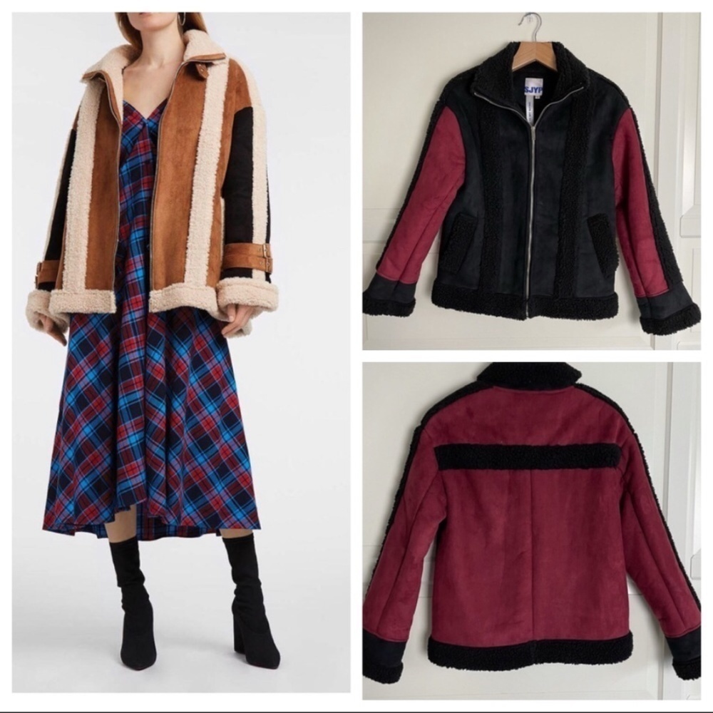 Sjyp Mustang Jacket Suede Faux Shearling Bomber Aviator Coat Red Black